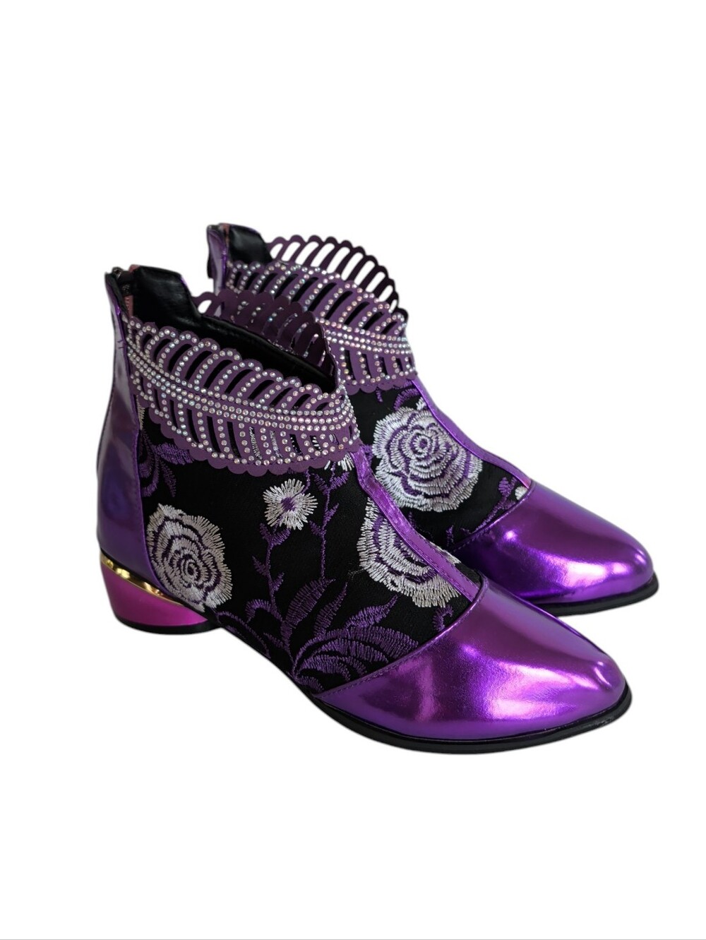 Bejewel Embroidered Floral Faux Rhinestone Heel Dressy Ankle Boots 40 Purple